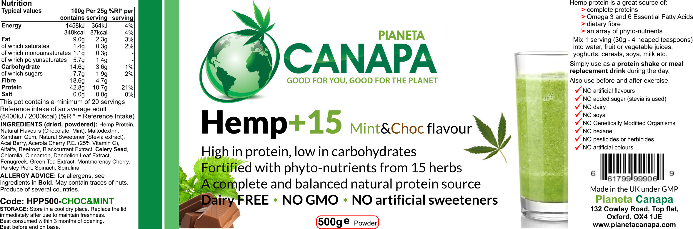 Hemp+15 Protein Powder with 15 herbs, Mint&Chocolate flavour. 100% natural, vegetable ingredients. 42.8% proteins, 18.6% fibres, 7.7% carbohydrates (sugar). Vegan. A lot of healthy energy!