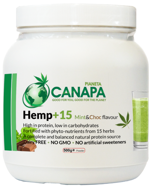Buy Hemp+15, hemp protein powder with 15 beneficial herbs, Mint&Chocolate flavour